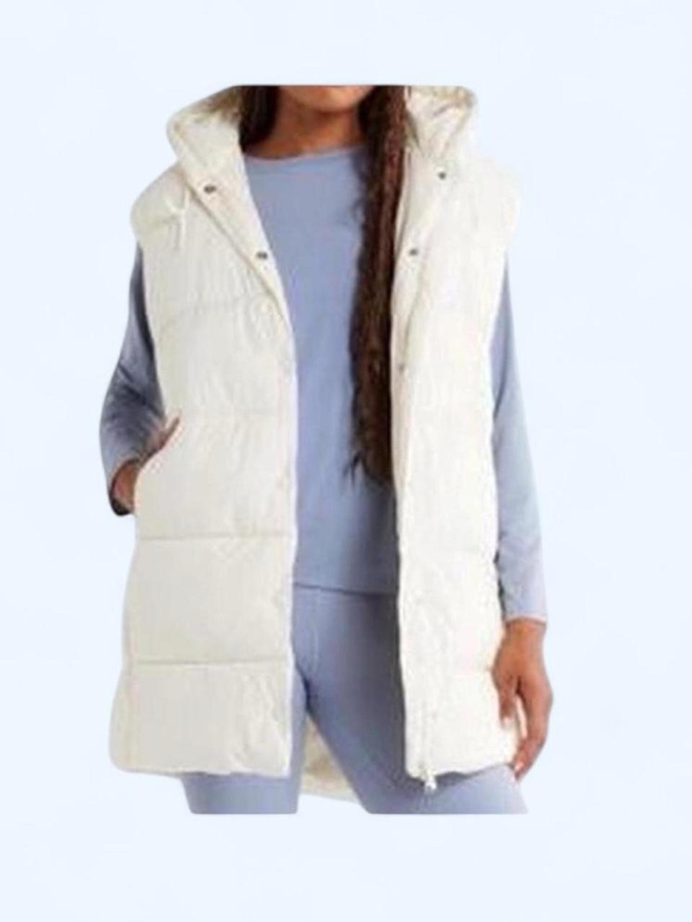 Zella - Ivory long Sleeveless Puffer Vest with Hood